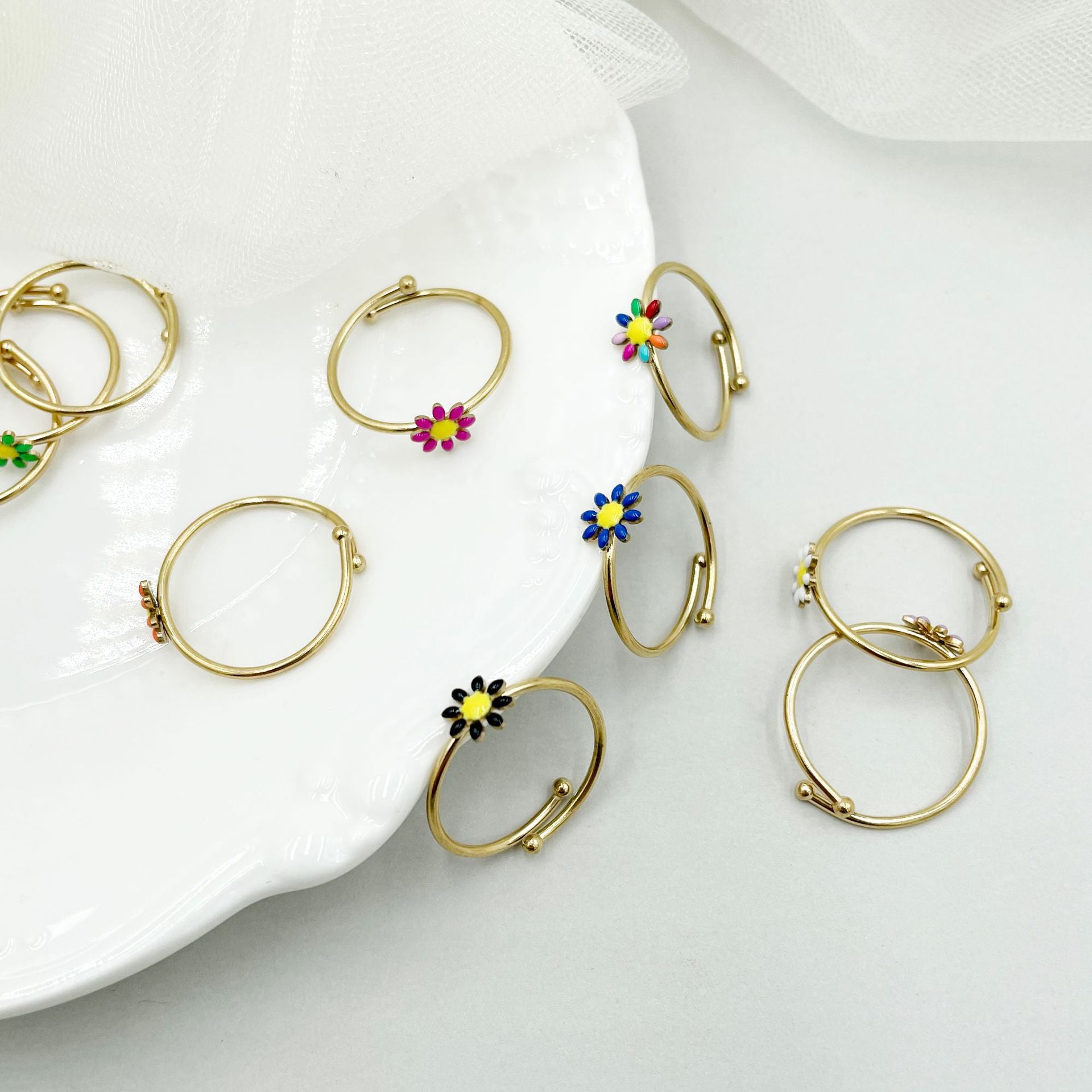 Wholesale Colorful Oil Drip Sunflower Adjustable Titanium Steel Ring